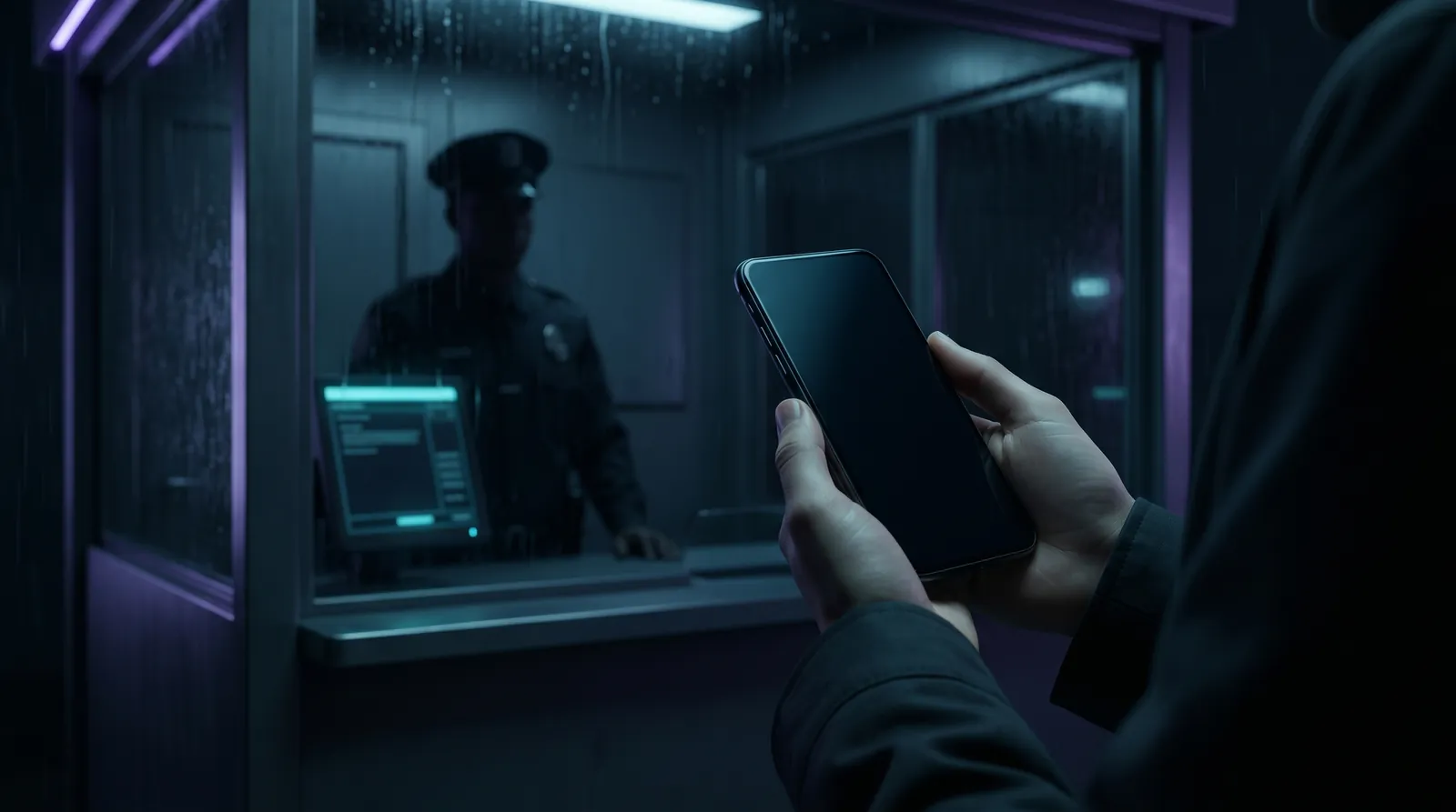 A traveler calmly holds a phone with an empty dark screen at a night border checkpoint