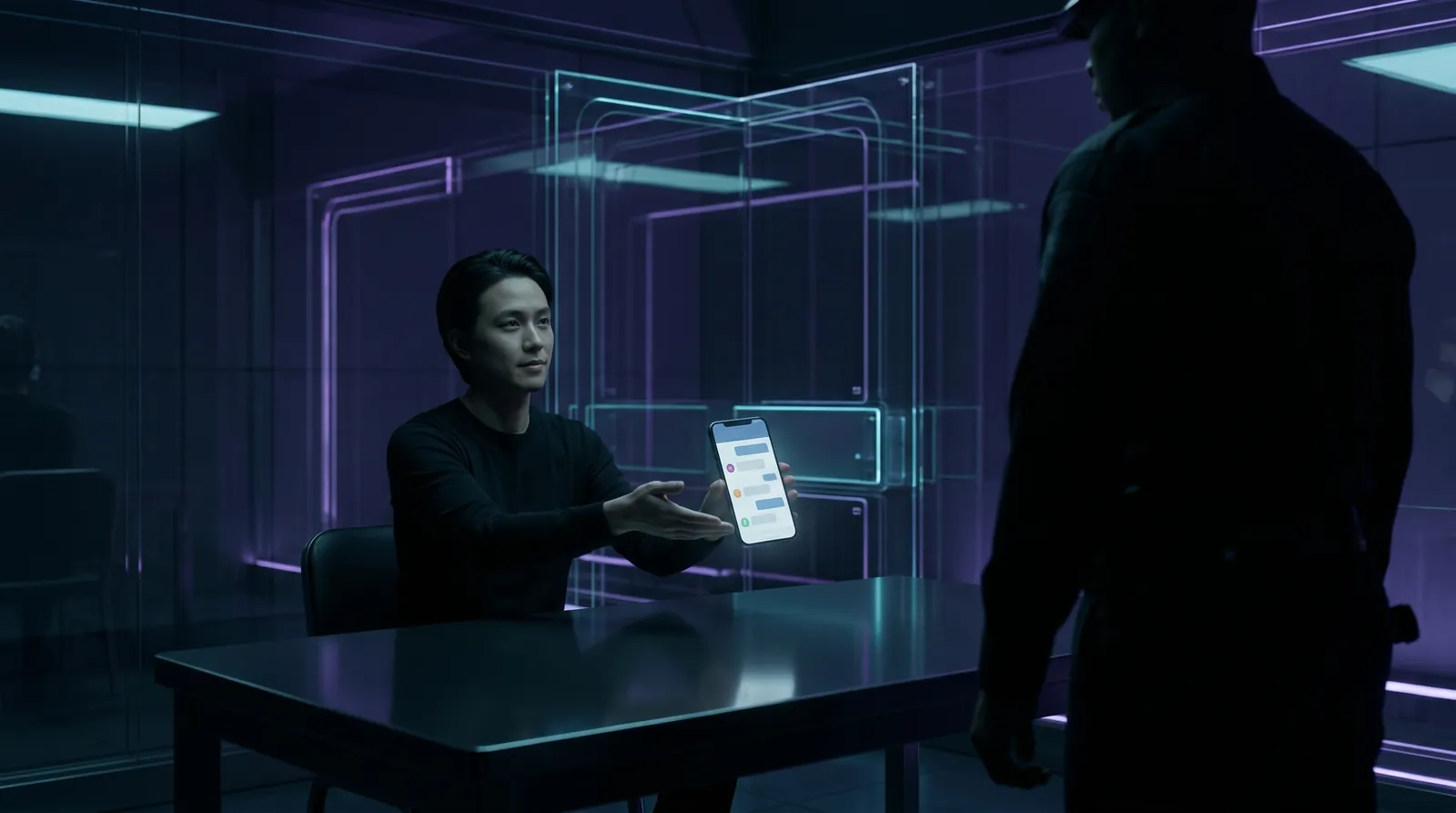 A calm person willingly hands their unlocked phone, showing an ordinary chat screen, to an imposing silhouette