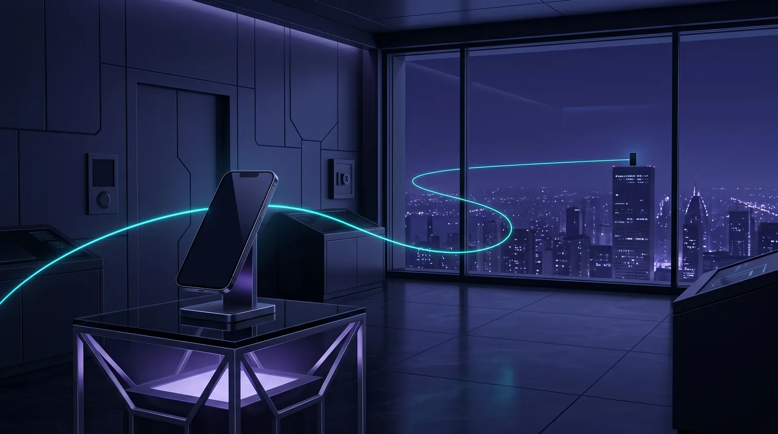 A smartphone rests in a private vault room, connected by a thin cyan thread of light to a distant phone in the night city