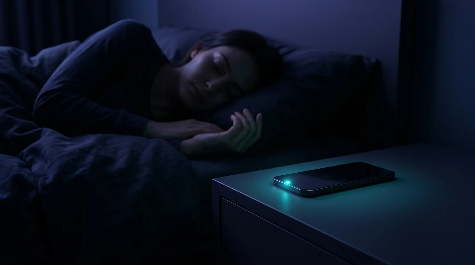 A person sleeps peacefully while a phone on the nightstand glows with a single soft cyan notification